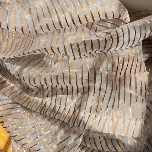 Sheer Pleated Curtain Light Beige Base With Brown Stripes One Panel - Picture 8 of 8